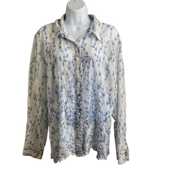 Coldwater Creek Blue White Embroidered Button Up Shirt Size L Fairy Boho Coastal - Picture 1 of 12